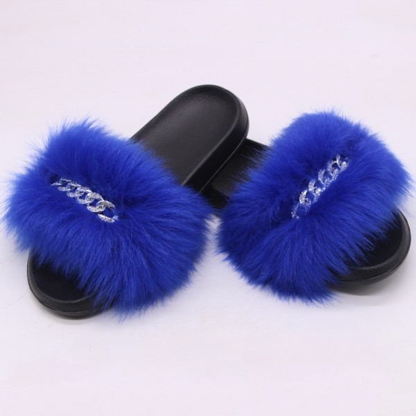 Women's Faux Fur Slides with Shiny Beads Chains