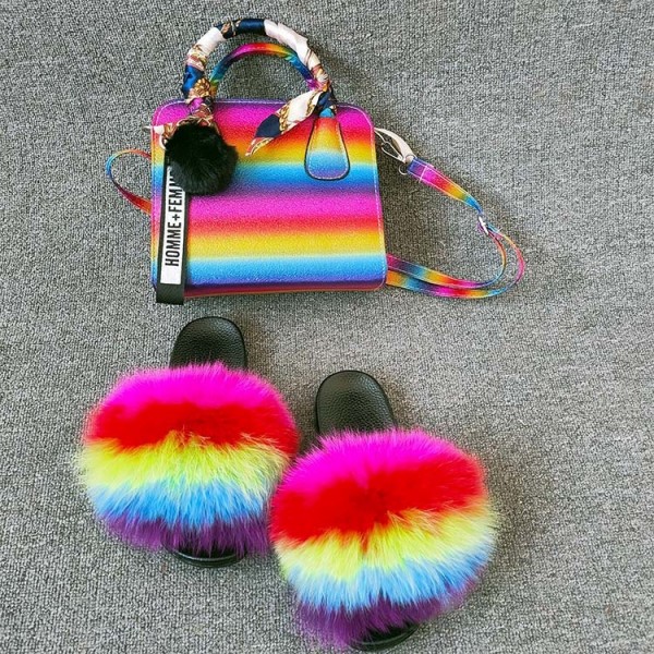 Rainbow Fur Slides with Matching Purse Set