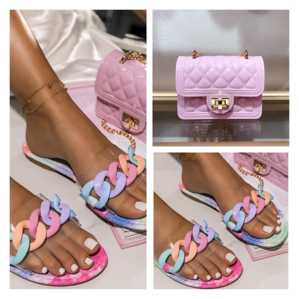 Colorful Slide Sandals with Matching Pink Jelly Purse