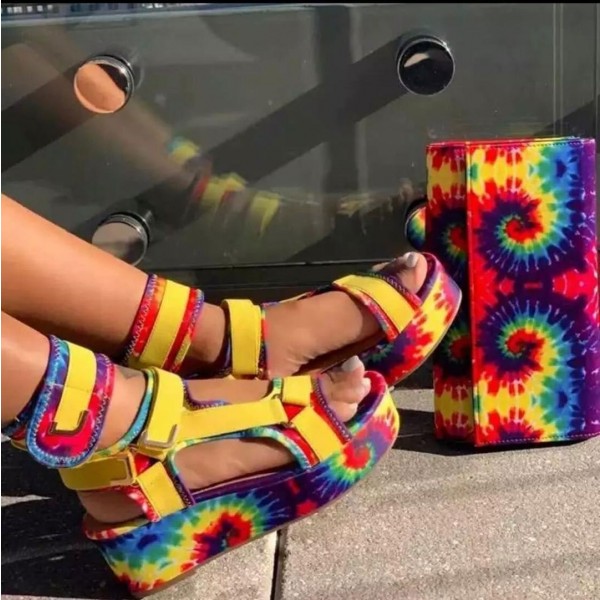 Sunflower Tie Dye Platform Sandals with Matching Flap Bag
