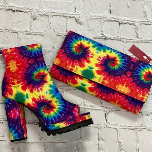 Sunflower Peep Toe Boots with Matching Tie Dye Clutch Bag