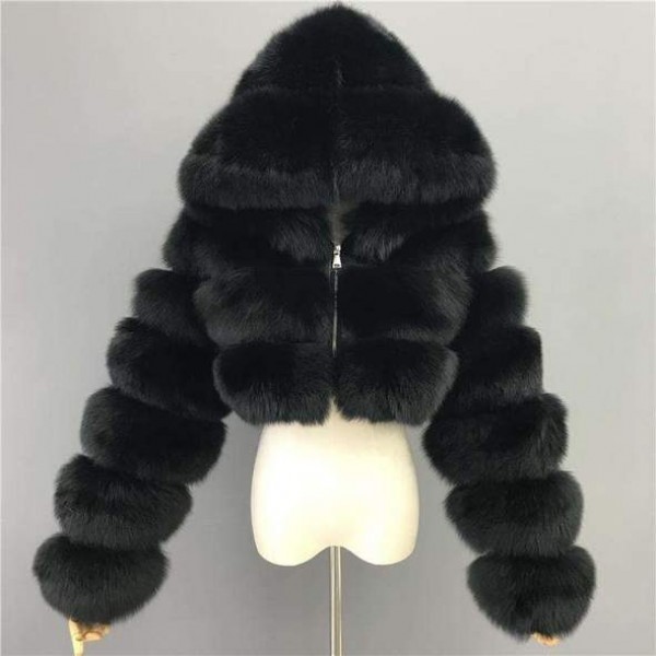 Women's Faux Fur Jacket Black Cropped Furry Hooded Jacket