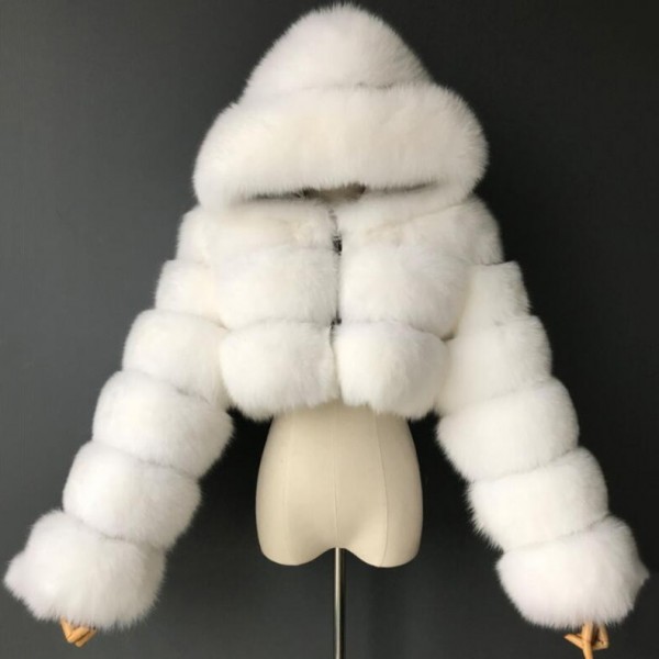 White Faux Fur Coat Women's Hooded Crop Fur Jacket
