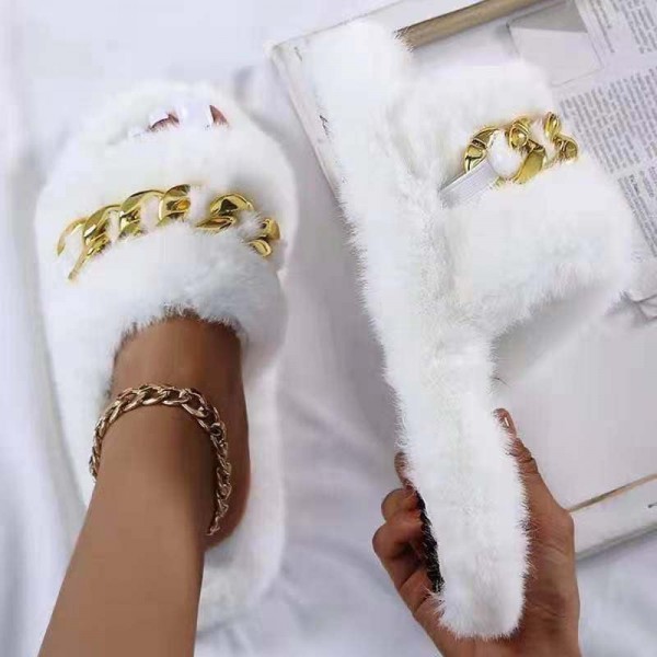Fuzzy Slide Sandals with Gold Chain Women's Fluffy Slippers
