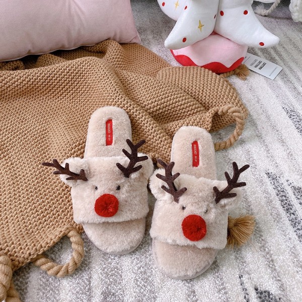 Reindeer Slippers for Women Open Toe Fuzzy Christmas Slippers