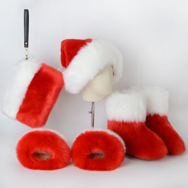 Matching Faux Fur Boots Furry Christmas Hat Clutch Purse Cuffs Set