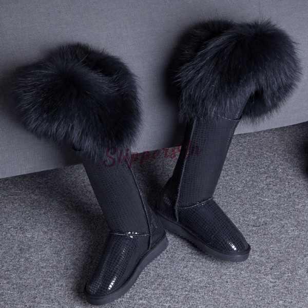 Black Knee High Boots with Fur Trim for Women