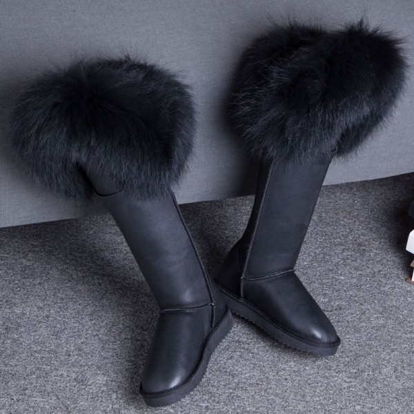 Black Knee High Boots with Fur Trim for Women