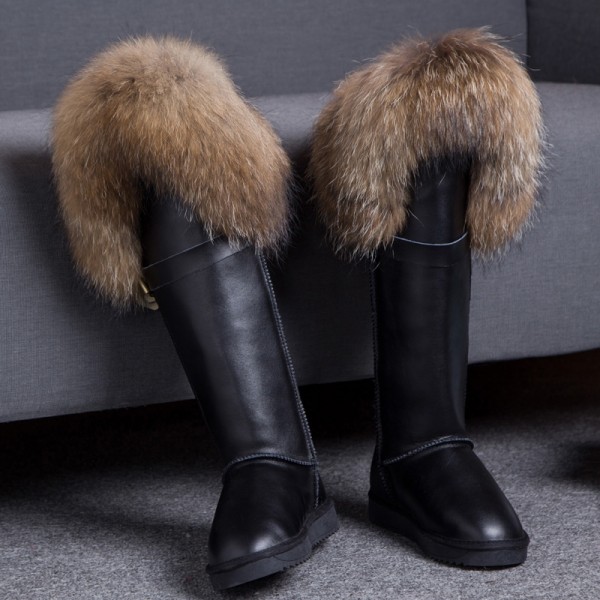 Women's Black Knee High Boots with Fluffy Brown Fur Trim