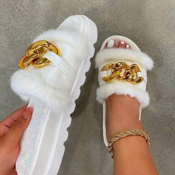 White Fuzzy Platform Sandals with Gold Chain