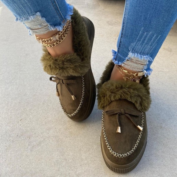 Women's Casual Flat Boots Olive Green Fur Lined Loafer