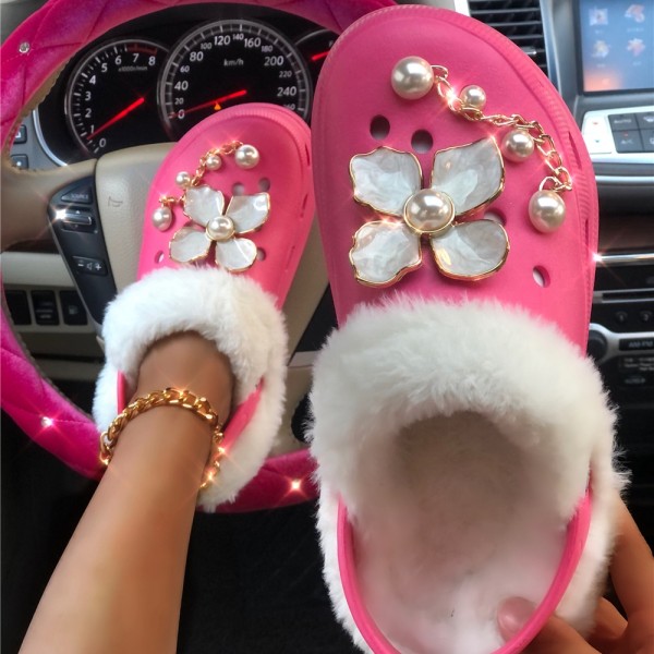 Winter Hot Pink Fur Clogs with Pearls Decor for Women