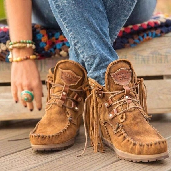 Fringe Suede Ankle Boots for Women Studded Retro Booties