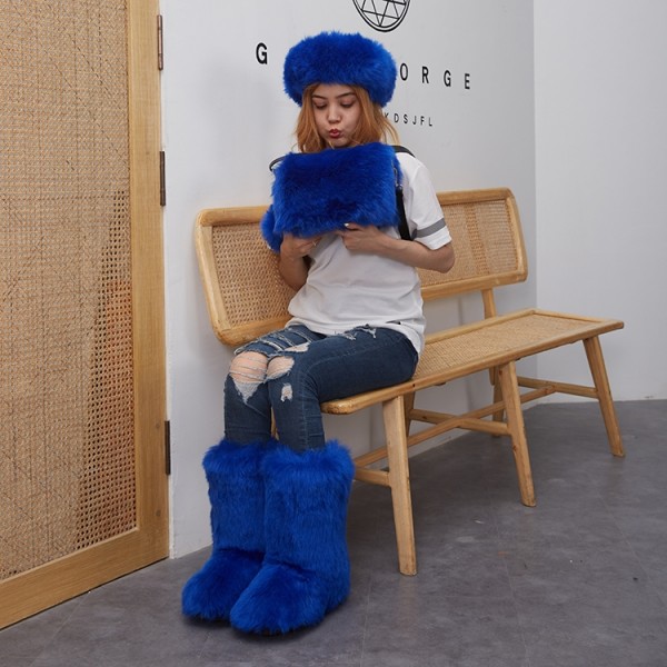 Matching Royal Blue Fur Boots Shoulder Bag Headband 3 Items Set
