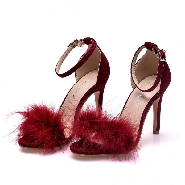 Women's Burgundy Feather Heels Sexy Stiletto Sandals