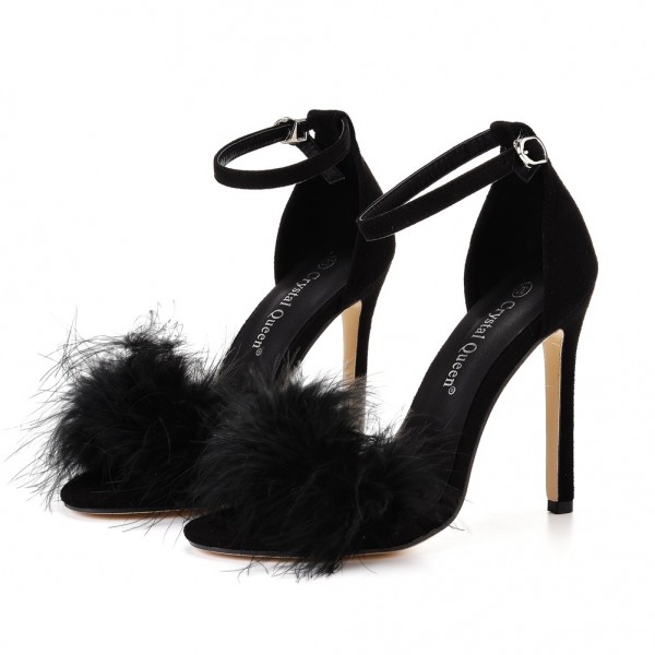 Black Feather Heels for Women Fluffy Stiletto Sandals