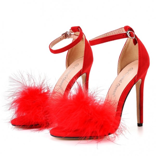 Women's Red Feather Heels Pointed Toe Stiletto Sandals