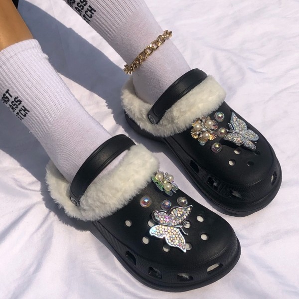 Women's Black Fur Clogs with Jewelry Embellished