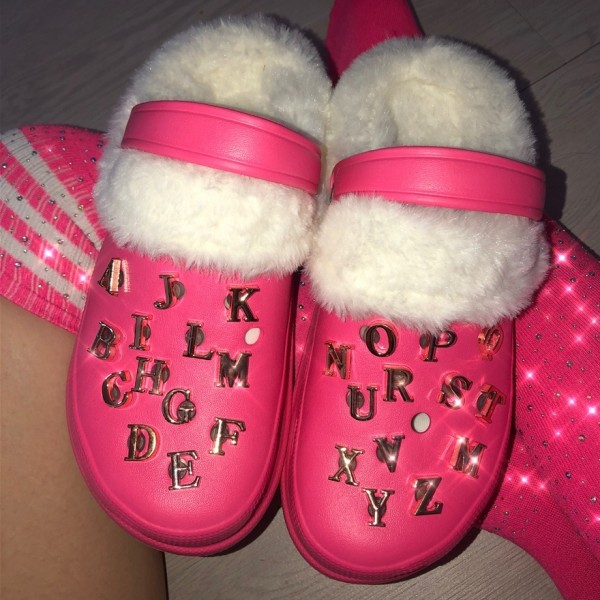 Hot Pink Fur Lined Clogs Letters Decor Slide Sandals