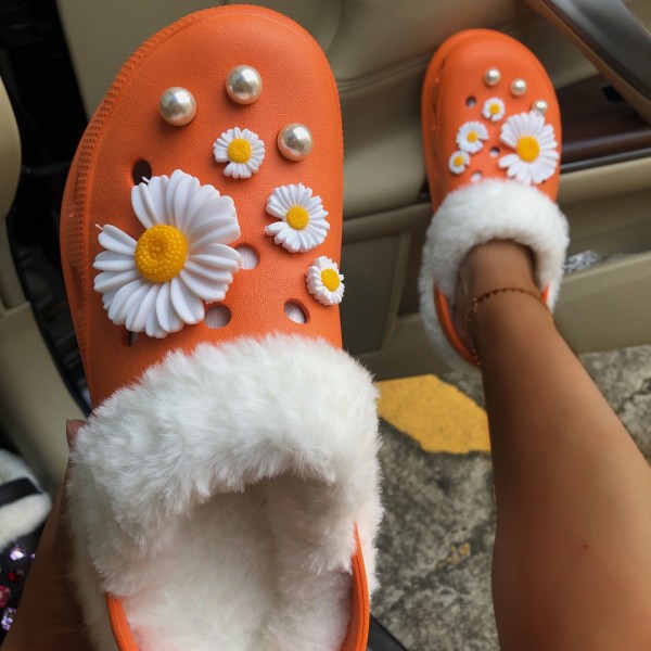 Women's Orange Fur Clogs with Daisy Decor