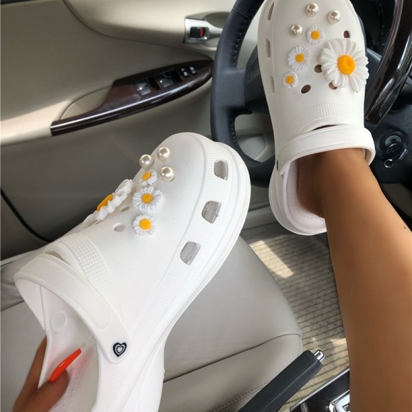 White Women's Clogs with Daisy and Pearls Slide Sandals