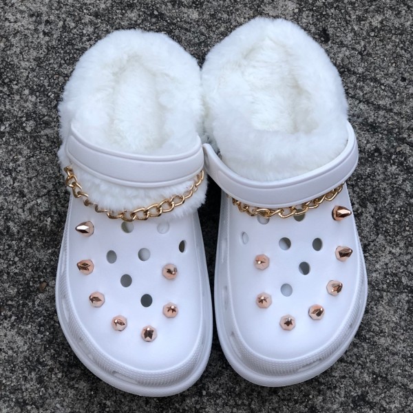 White Fur Lined Clogs with Rivet and Chain Charms for Women