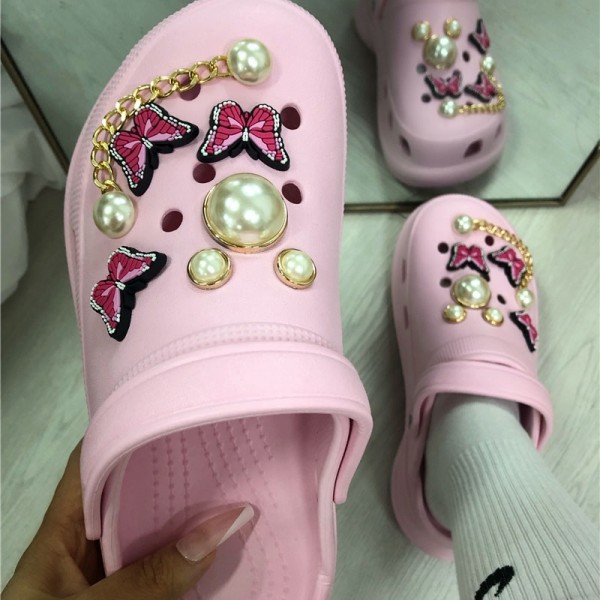 Pink Clogs for Women with Pearls Butterfly Decor