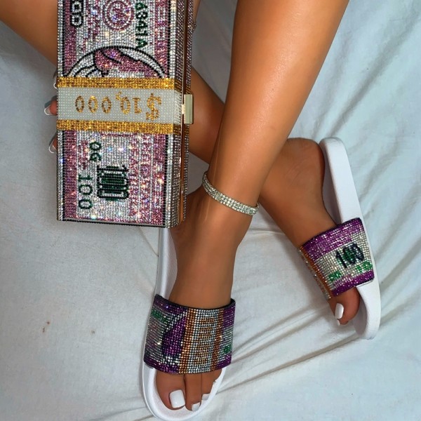 Fashion Dollar Bill Slide Sandals with Matching Rhinestone Clutch Bag Set