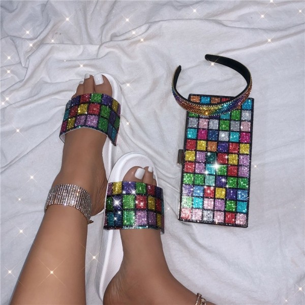 Colorful Rhinestone  Slide Sandals with Shiny Matching Clutch Bag