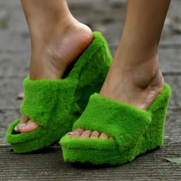Fuzzy Platform Wedge Slippers for Women Fur Slides Slippers 