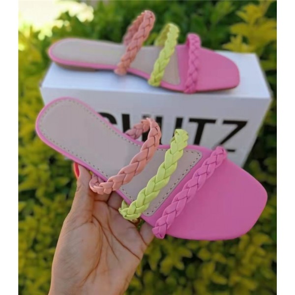 Braided Square Slides Sandals for Women Flat Open Toe Slippers 