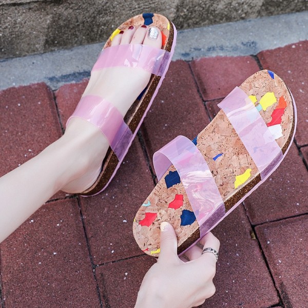 Women Cork Footbed Slides Sandals Ladies Print Slipper with Transparent Strap