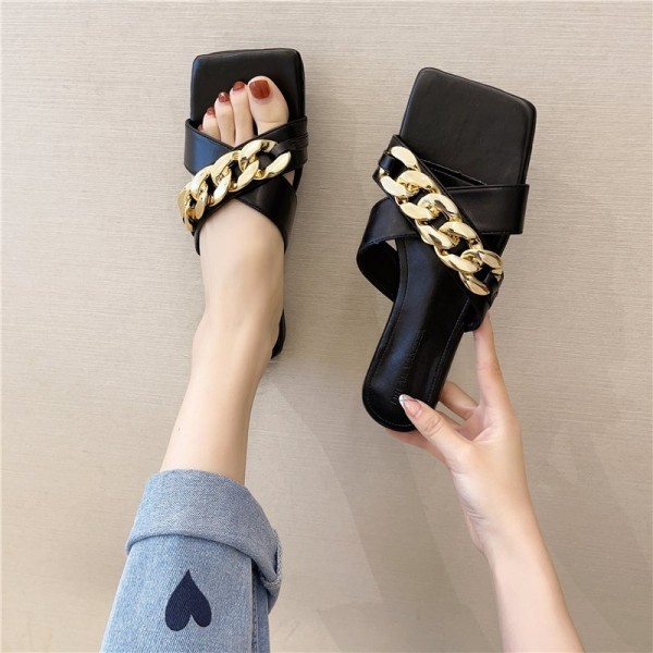Flat Square Slides Sandals for Women with Gold Chain Decor Open Toe Slippers 