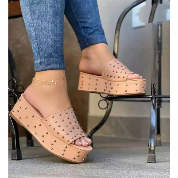 Platform Slides Sandals for Women with Rivets Decor Peep Toe Slippers