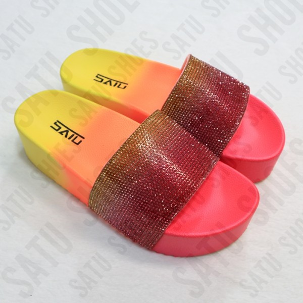Platform Slide Sandals for Women Rainbow  Rhinestones Slippers