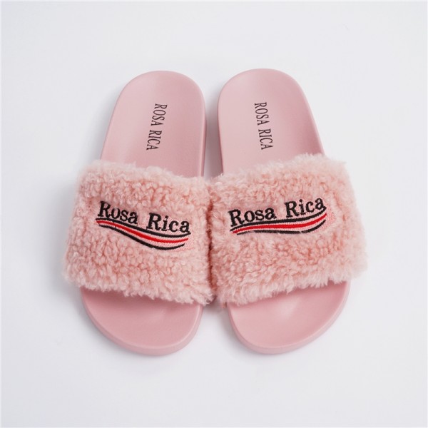 Fuzzy Slide Sandals with Letters Decor Plush Slippers