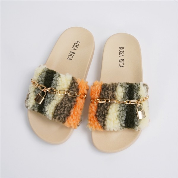 Women's Plush Slide Sandals with Gold Lock and Chain Decor  Fuzzy Slippers