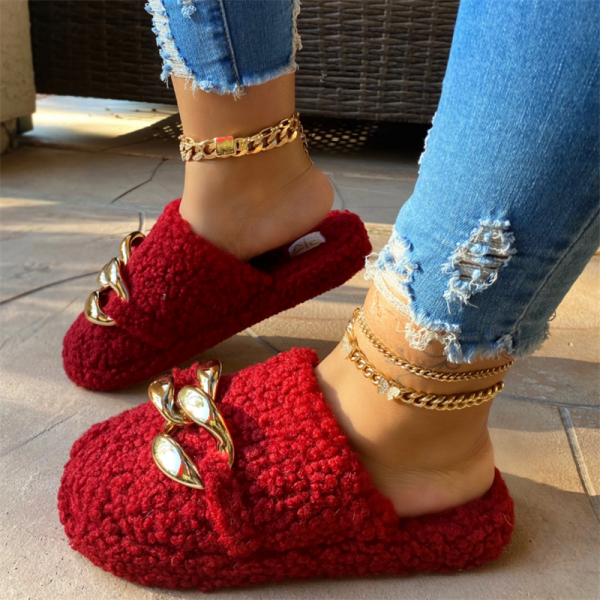 Plush Slide Sandals for Women with Gold Chain Decor Fuzzy Slippers
