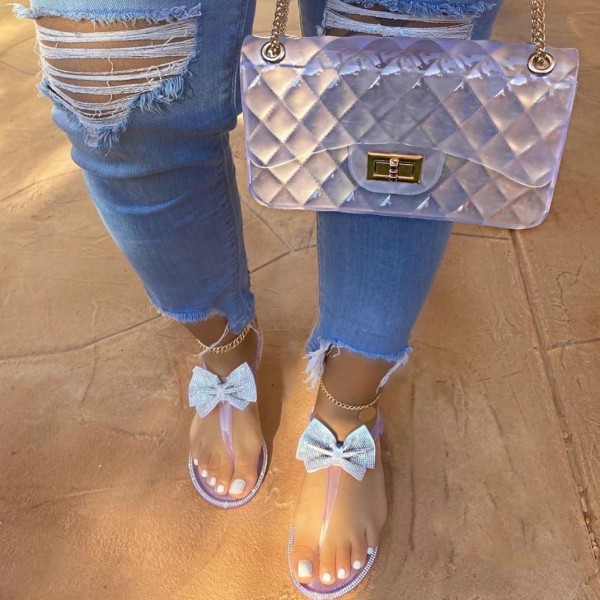 Clear Flat Bowtie Sandals with Matching Jelly Purse Set