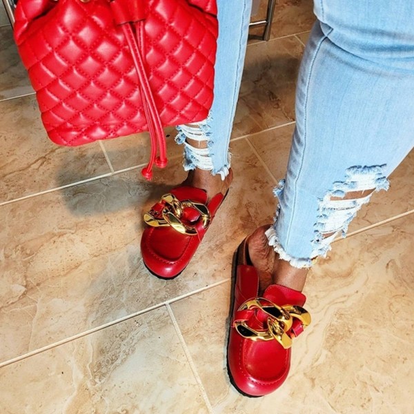 Women's Red Mule with Gold Chain and Matching Bucket Bag Set