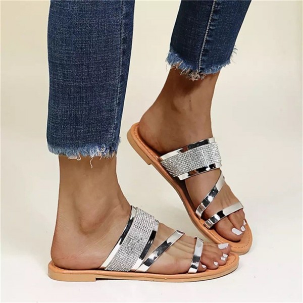 Glittering Rhinestones Decor Slides Sandals for Women Flat Open Toe Slippers 