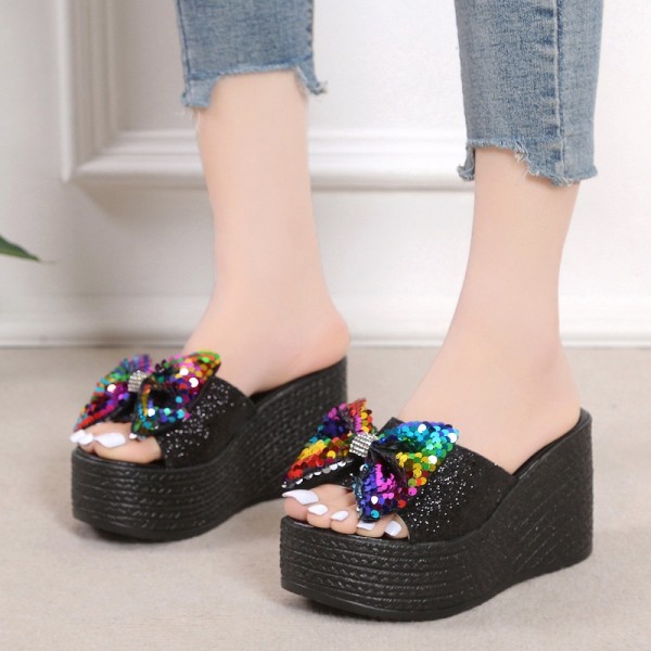 Glittering Rhinestones Bowtie Slides Sandals for Women Platform Peep Toe Slippers
