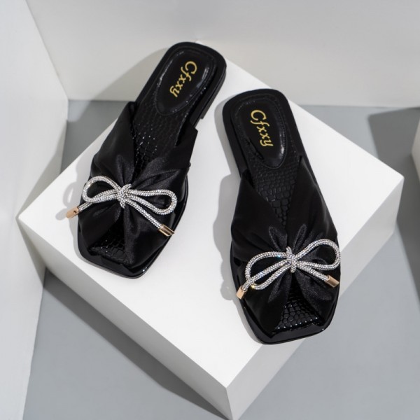 Glittering Rhinestones Bowtie Slides Sandals for Women Flat Slippers 