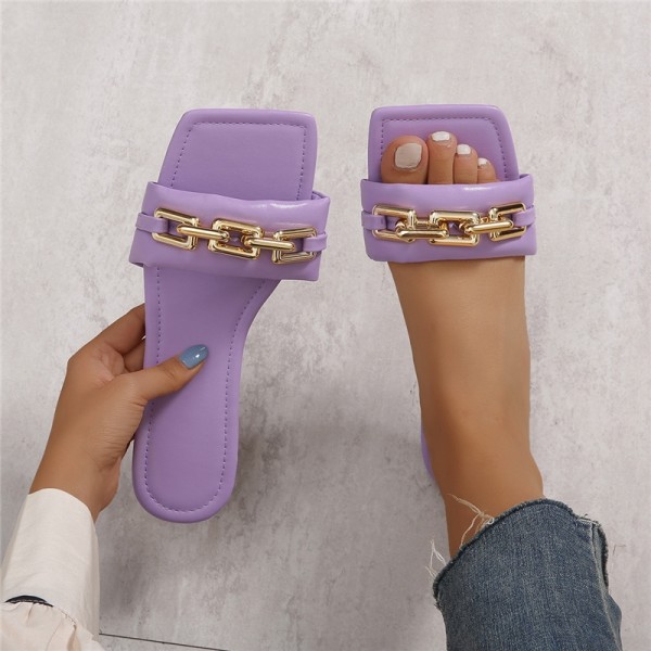 Women's Flat Square Toe Slides Sandals with Gold Chain Decor