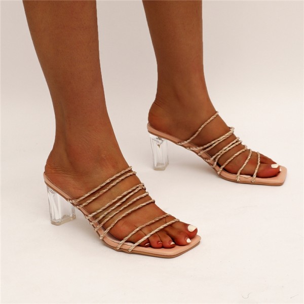 Women's Crystal Block Heel Mules Strappy Square Toe Sandals
