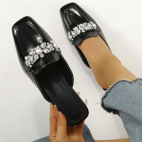 Flat Mule for Women with Rhinestones Decor Casual Loafer