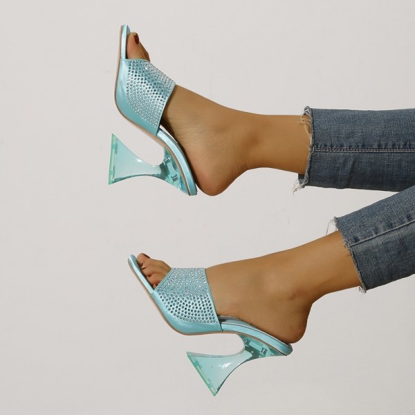 Women's Crystal Heel Slides Sandals Rhinestones Decor Square Toe Slippers 