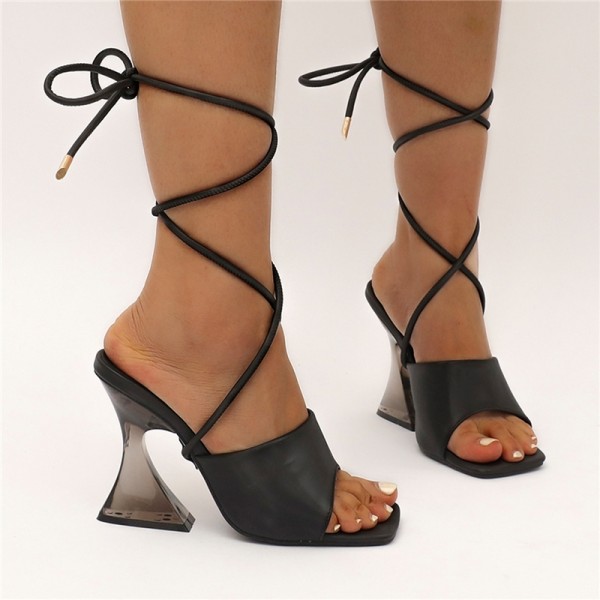 Women's Lace Up Crystal Heel Sandals Strappy Straps Ankle Heels Slippers 
