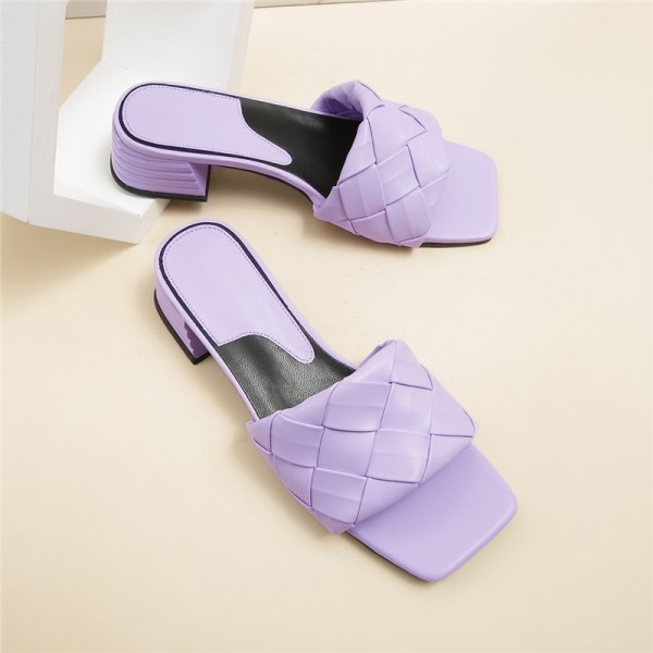 Braided Square Slides Sandals for Women Chunky Heel Open Toe Slippers 