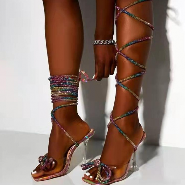 Lace Up Sandals Rhinestones Bowtie Strappy Stiletto Heels for Women